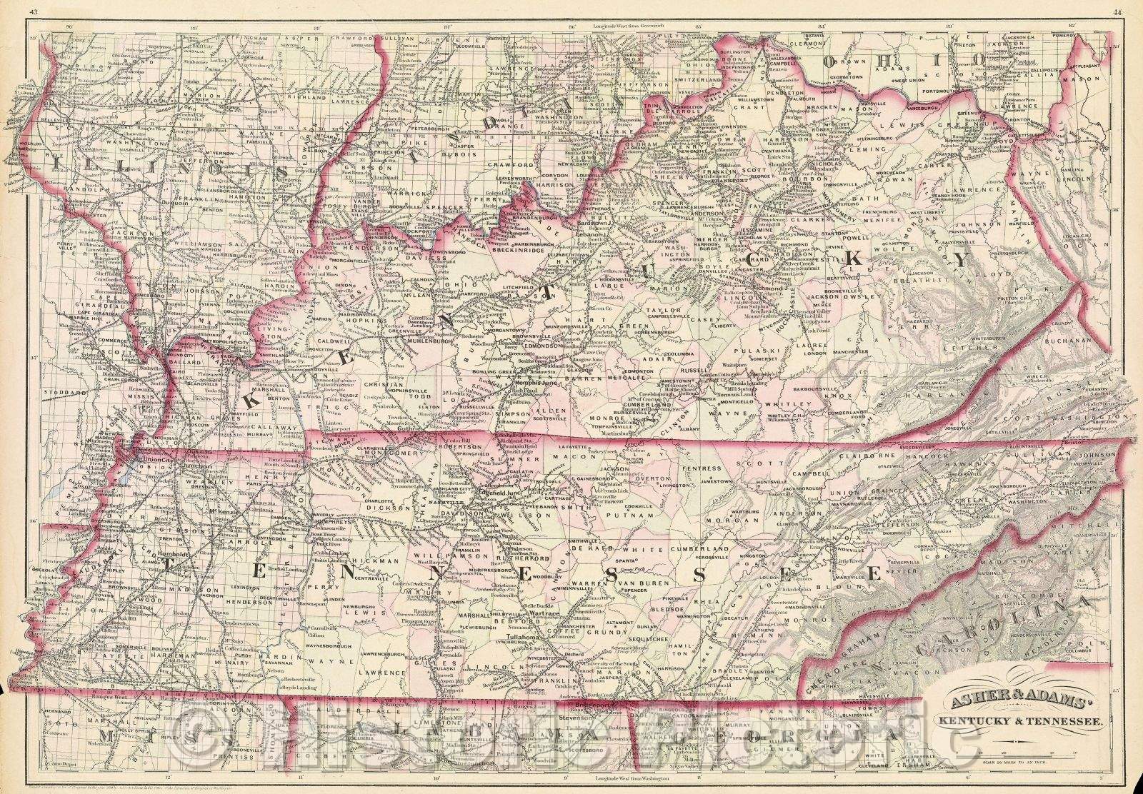 Historic Map : Asher and Adams' Kentucky and Tennessee., 1874 , Vintage Wall Art