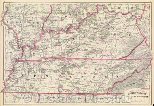 Historic Map : Asher and Adams' Kentucky and Tennessee., 1874 , Vintage Wall Art