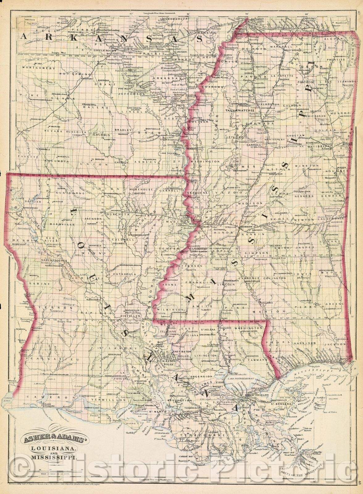 Historic Map : Asher and Adams' Louisiana and Mississippi., 1874 , Vintage Wall Art