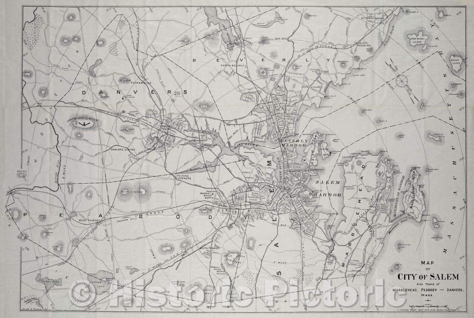 Historic Map : Map of City of Salem  Also towns of Marblehead, Peabody and Danvers, Mass., 1906 , Vintage Wall Art