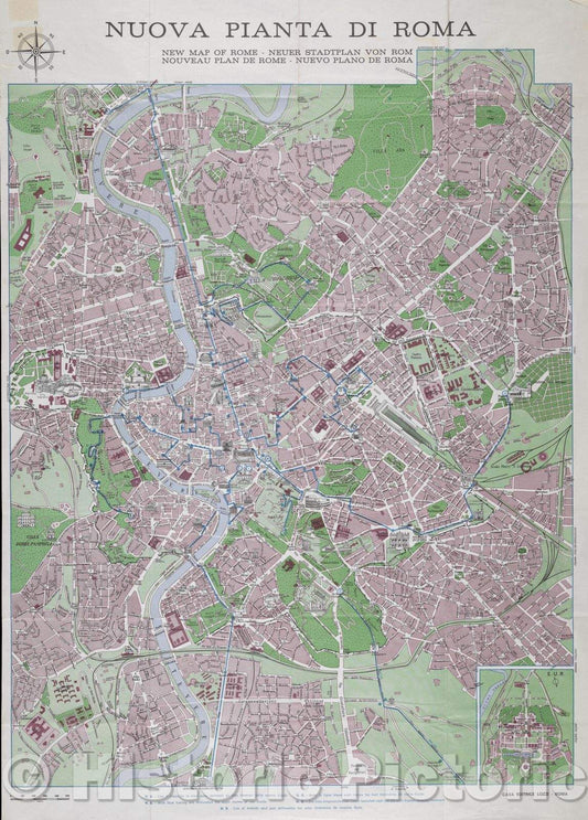Historic Map : Nuova Pianta di Roma, c. 1969 , Vintage Wall Art