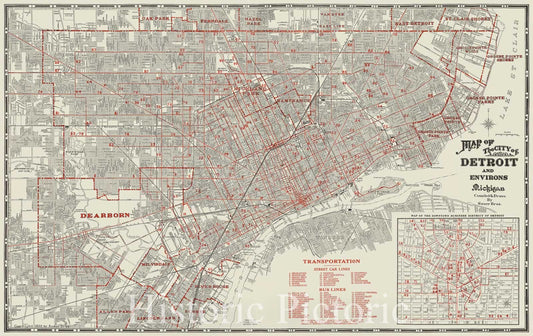 Historic Map : Map of the city of Detroit and Environs, Michigan, 1939 , Vintage Wall Art
