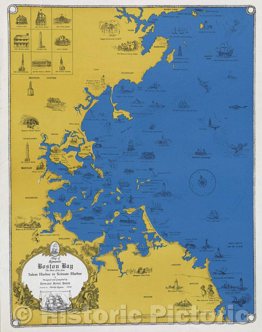 Historic Map : Map of Romantic Boston Bay : The Shore Line from Salem Harbor to Scituate Harbor designed and , 1970 , Vintage Wall Art