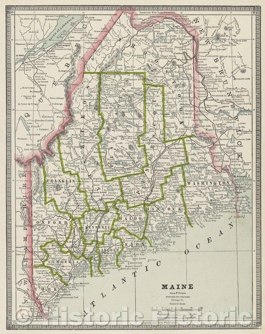 Historic Map : Maine, 1885 , Vintage Wall Art , v2