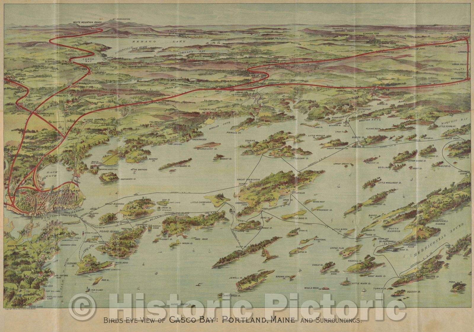 Historic Map : Birds Eye View of Casco Bay: Portland, Maine and Surroundings, 1906 , Vintage Wall Art