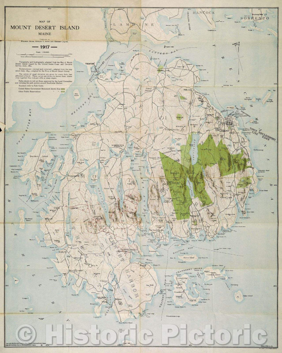 Historic Map : Map of Mount Desert Island Maine, Compiled by Waldron Bates, Edward L. Rand and Herbert Jaques, 1917 , Vintage Wall Art