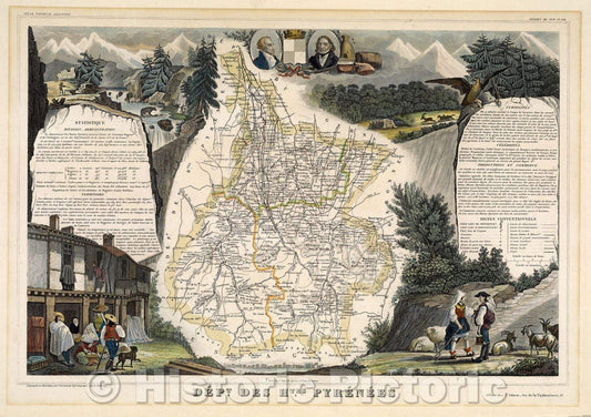 Historic Map : Dept. des Htes. Pyrenees, 1840 , Vintage Wall Art