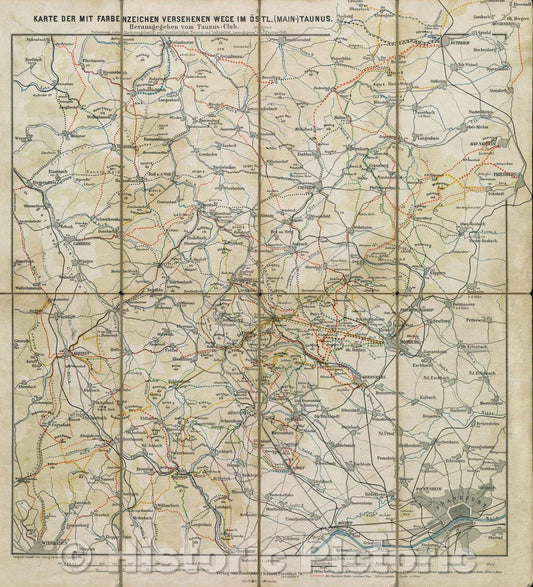 Historic Map : Karte Der Mit Farbenzeichen Versehenen Wege In Ostl (Main)-Taunus, c. 1870 , Vintage Wall Art