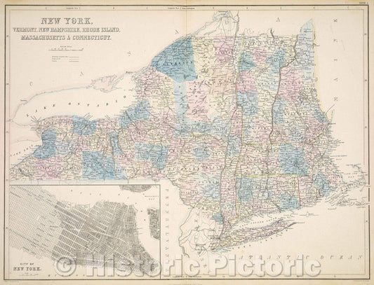 Historic Map : New York, Vermont, New Hampshire, Rhode Island, Massachusetts and Connecticut., 1860 , Vintage Wall Art