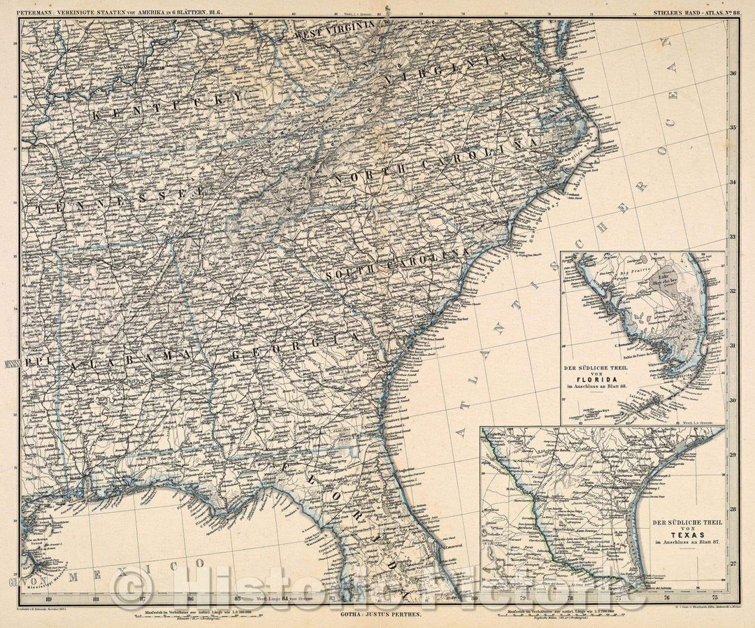 Historic Map : Vereinigte Staaten von Amerika in 6 Blattern, Bl. 6. (from Stieler's Hand-Atlas, No. 88.), 1883 , Vintage Wall Art