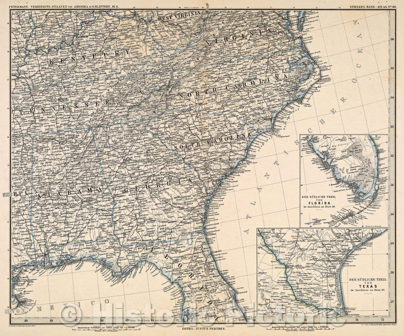 Historic Map : Vereinigte Staaten von Amerika in 6 Blattern, Bl. 6. (from Stieler's Hand-Atlas, No. 88.), 1883 , Vintage Wall Art