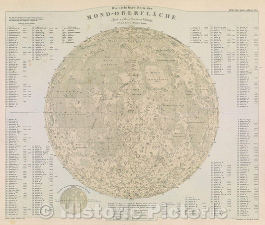 Historic Map : Die sichtbare Seite der Mond-Oberflache bei voller Beleuchtung (from Stieler's Hand-Atlas, No. 5), 1883 , Vintage Wall Art