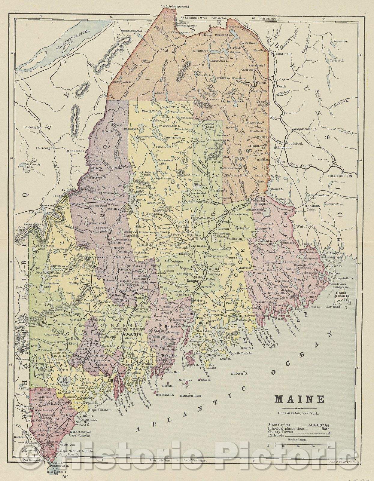 Historic Map : Maine, 1892 , Vintage Wall Art