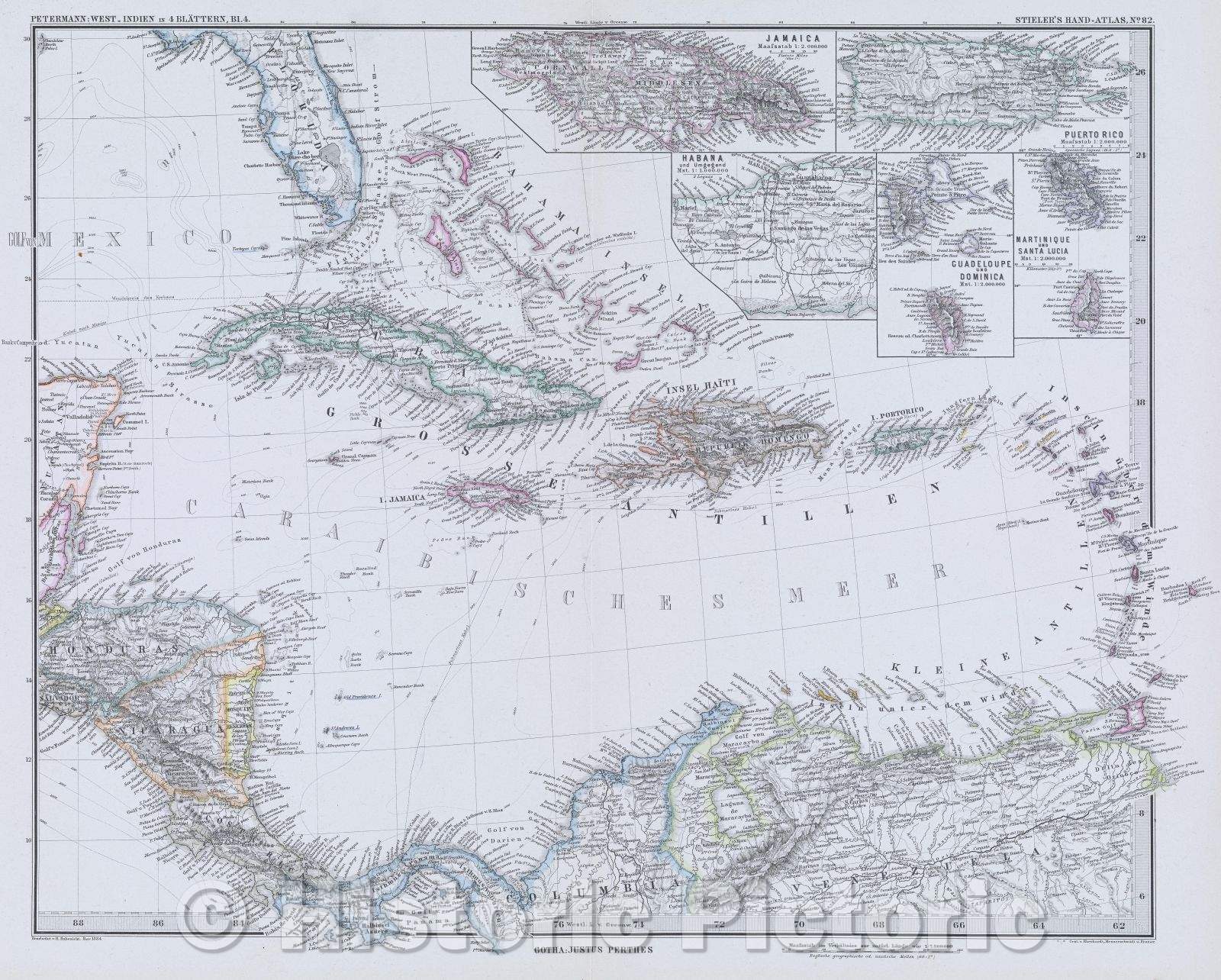 Historic Map : Petermann: West-Indien in 4 Blattern, BL4., 1884 , Vintage Wall Art