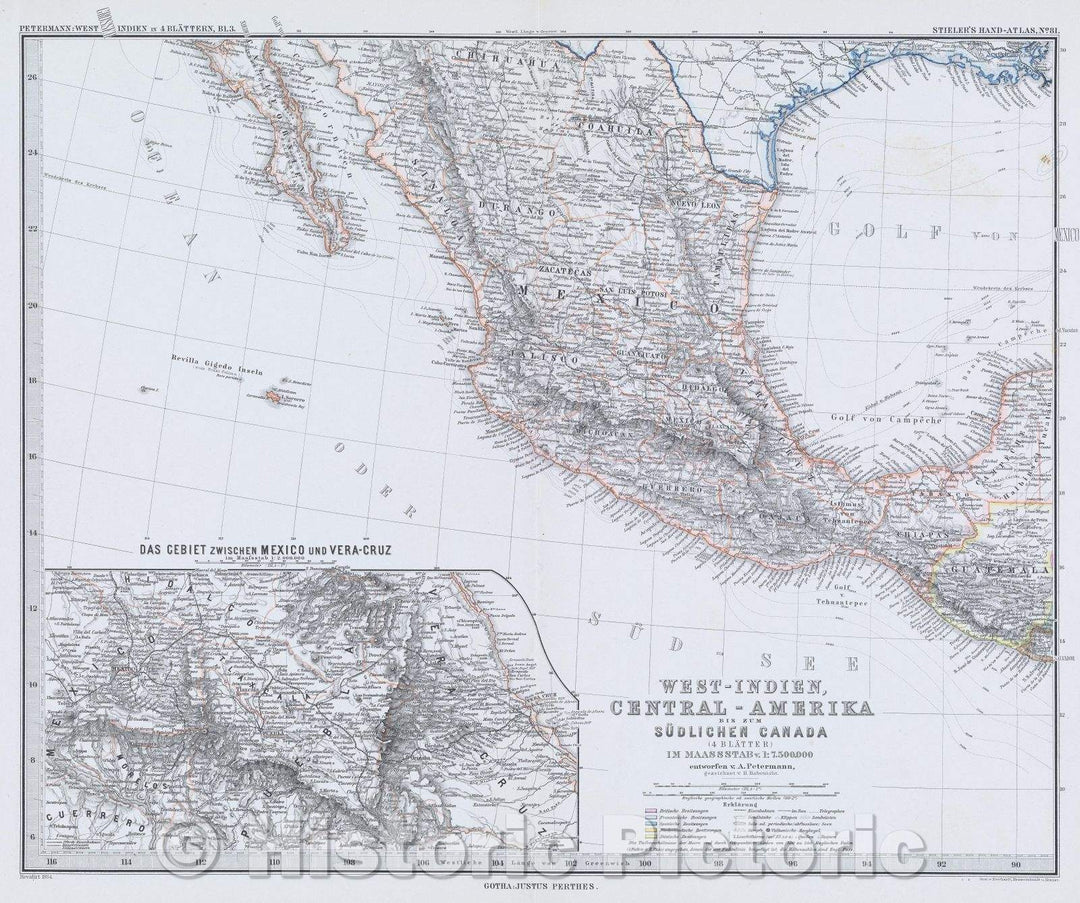 Historic Map : West-Indien, Central-Amerika bis zum Sudlichen Canada; (4 Blatter) in Maasstab v. 1: 7,500,000 emtworfen gezeichnet v. H. Habenicht., 1884 , Vintage Wall Art