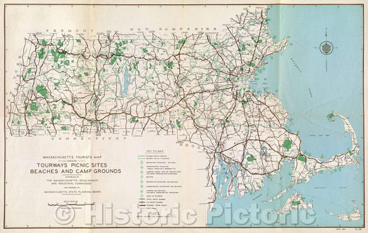 Historic Map : Massachusetts tourist map showing tourways, picnic sites, beaches, and camp grounds , 1941 , Vintage Wall Art