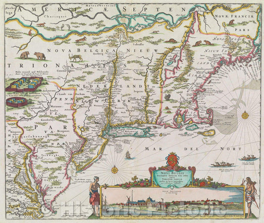 Historic Map : Novi Belgii Novaeque Angliae Nec Non Partis Virginiae Tabula Multis in locis emendata per Nicolaum Visscher, 1683 , Vintage Wall Art