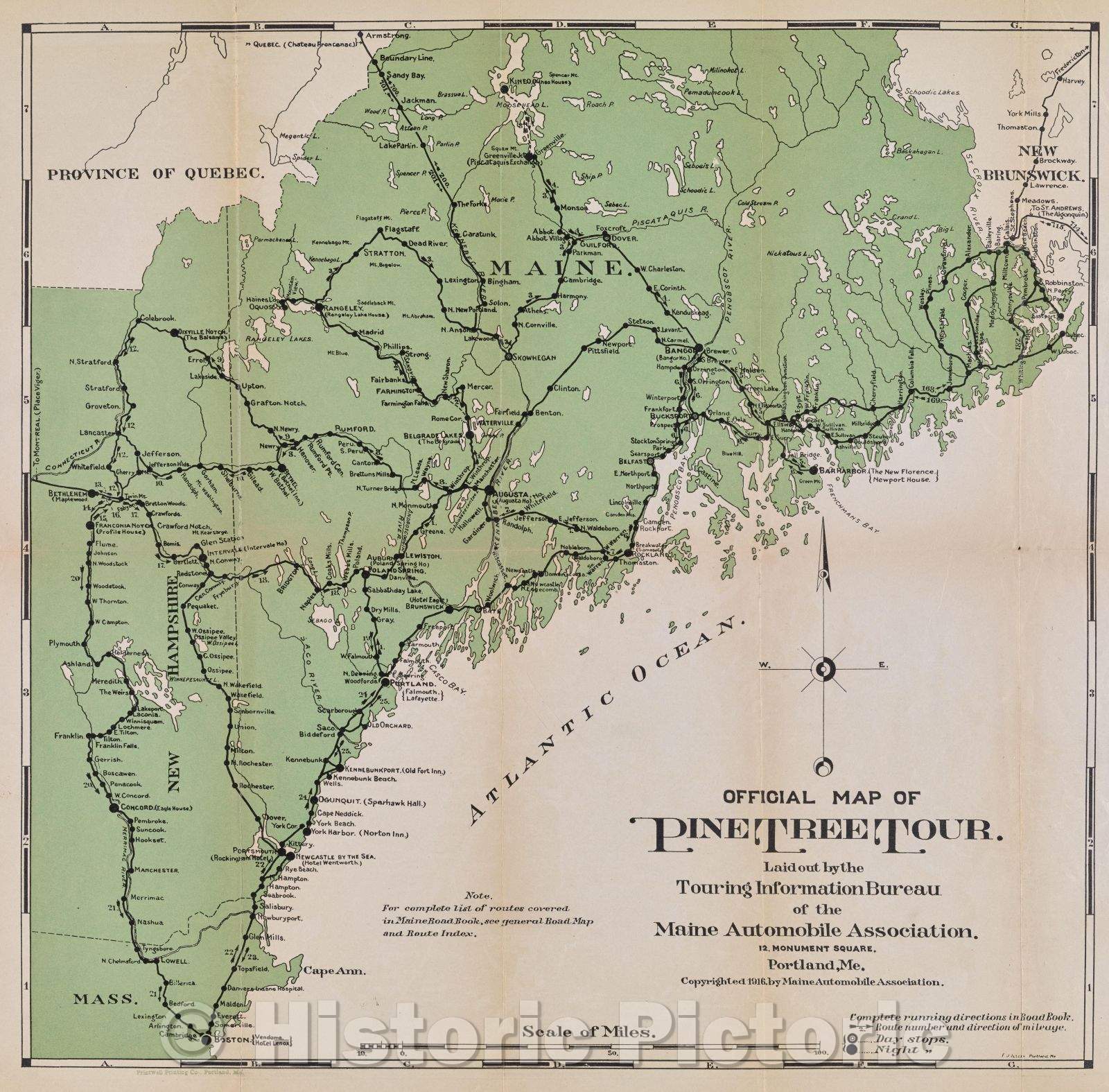 Historic Map : Official Map of Pine Tree Tour laid out by the Touring Information Bureau of the Maine Automobile Association, 1916 , Vintage Wall Art