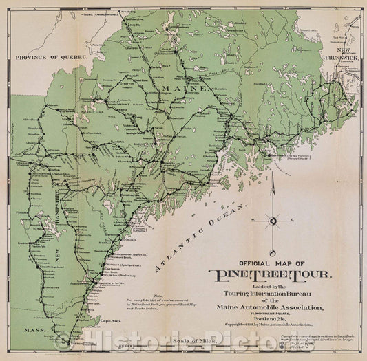 Historic Map : Official Map of Pine Tree Tour laid out by the Touring Information Bureau of the Maine Automobile Association, 1916 , Vintage Wall Art