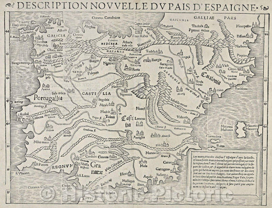 Historic Map : Description Nouvelle du Pais d'Espaigne, 1555 , Vintage Wall Art