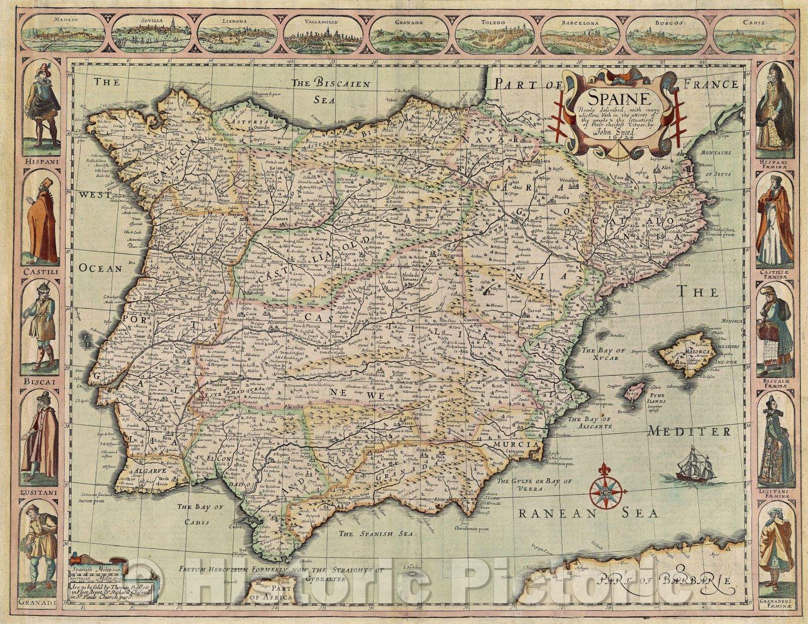 Historic Map : Spaine Newly described with many adictions, both in the attires of the people and the setuations of their chiefest Cityes, 1626 , Vintage Wall Art , v2