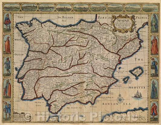 Historic Map : Spaine Newly described with many adictions, both in the attires of the people and the setuations of their chiefest Cityes, 1626 , Vintage Wall Art