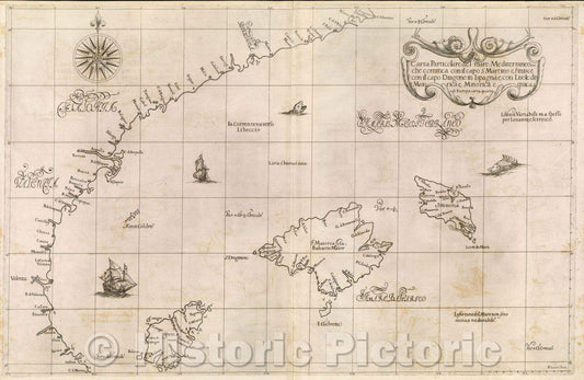 Historic Map : Carta Particolare del mare Mediterraneo che cominca con il capo S: Martino e, finisce con il capo Dragone in lspagnae, con Lisole di Maioricae, 1647 , Vintage Wall Art