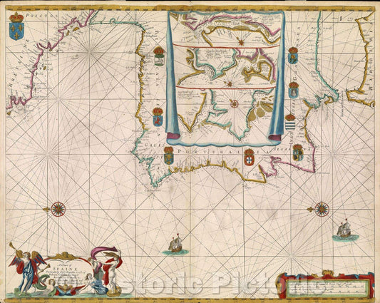 Historic Map : A Chart of Spaine Perticulerly Discribing the Coasts of Biscaia, Gallissia, Portugal, Andaluzia, Granada andc by Joh. Seller, Hidrogra to ye Kings, 1670 , Vintage Wall Art