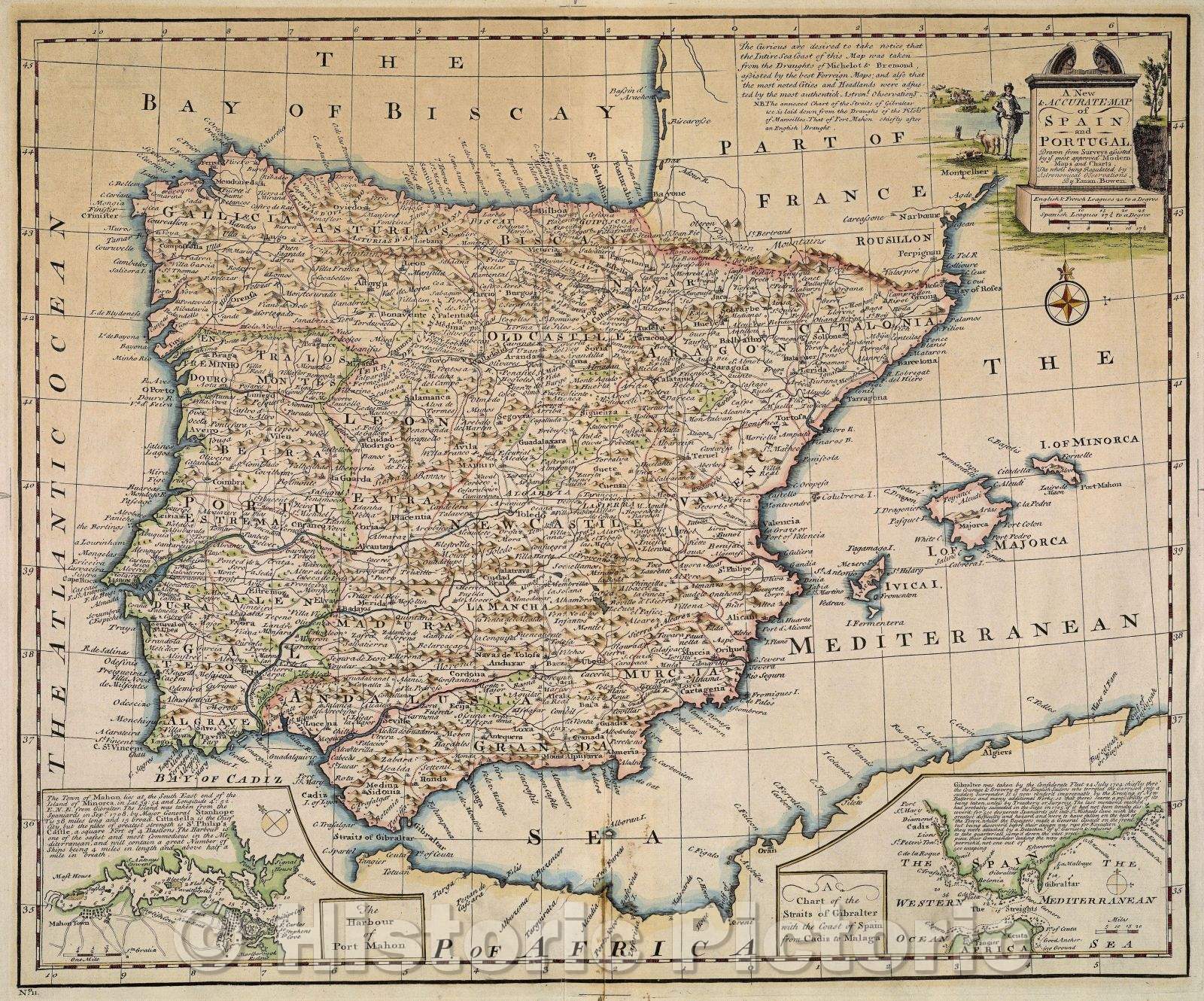 Historic Map : A New and Accurate Map of Spain and Portugal. Drawn from Surveys assisted by ye most approved Modern Maps and Charts The whole being Regulated, c. 1747 , Vintage Wall Art