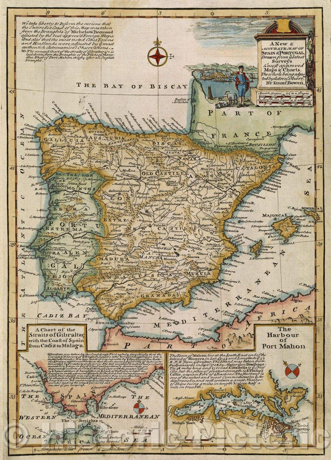 Historic Map : A New and Accurate Map of Spain and Portugal. Drawn from ye latest Surveys and most approved Maps and Charts. The whole being adjusted by Astron., c. 1748 , Vintage Wall Art