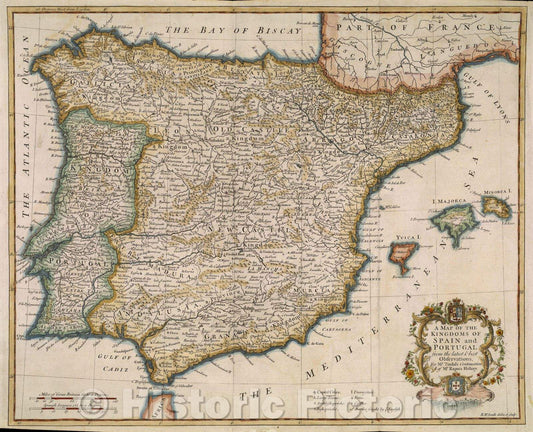 Historic Map : A Map of the Kingdoms of Spain and Portugal from the latest and best Observations, For Mr. Tindal's Continuation of Mr. Rapin's history, c. 1750 , Vintage Wall Art