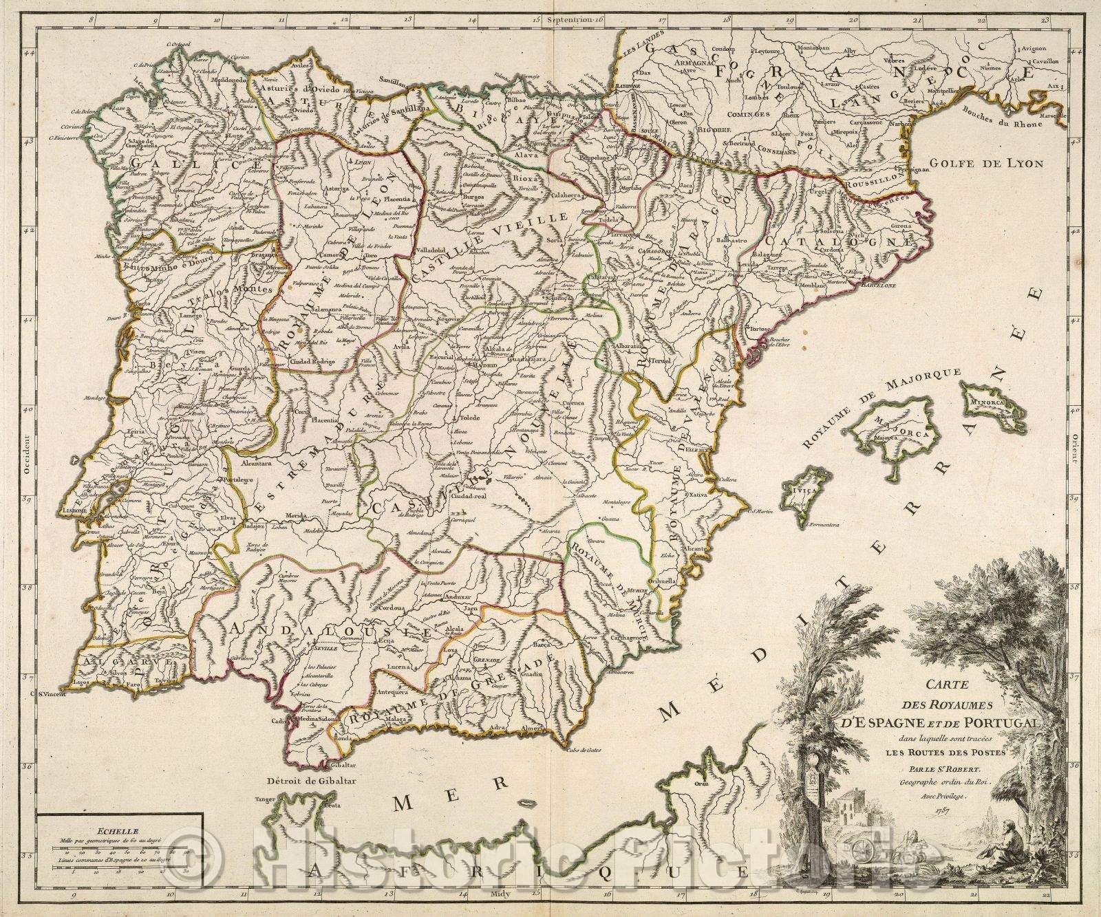 Historic Map : Carte des Royaumes d'Espagne et de Portugal dans laquelle sont traces Les Routes des Postes, 1757 , Vintage Wall Art