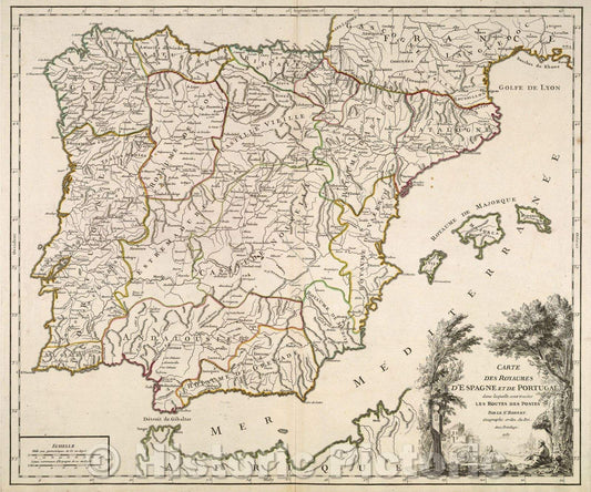 Historic Map : Carte des Royaumes d'Espagne et de Portugal dans laquelle sont traces Les Routes des Postes, 1757 , Vintage Wall Art