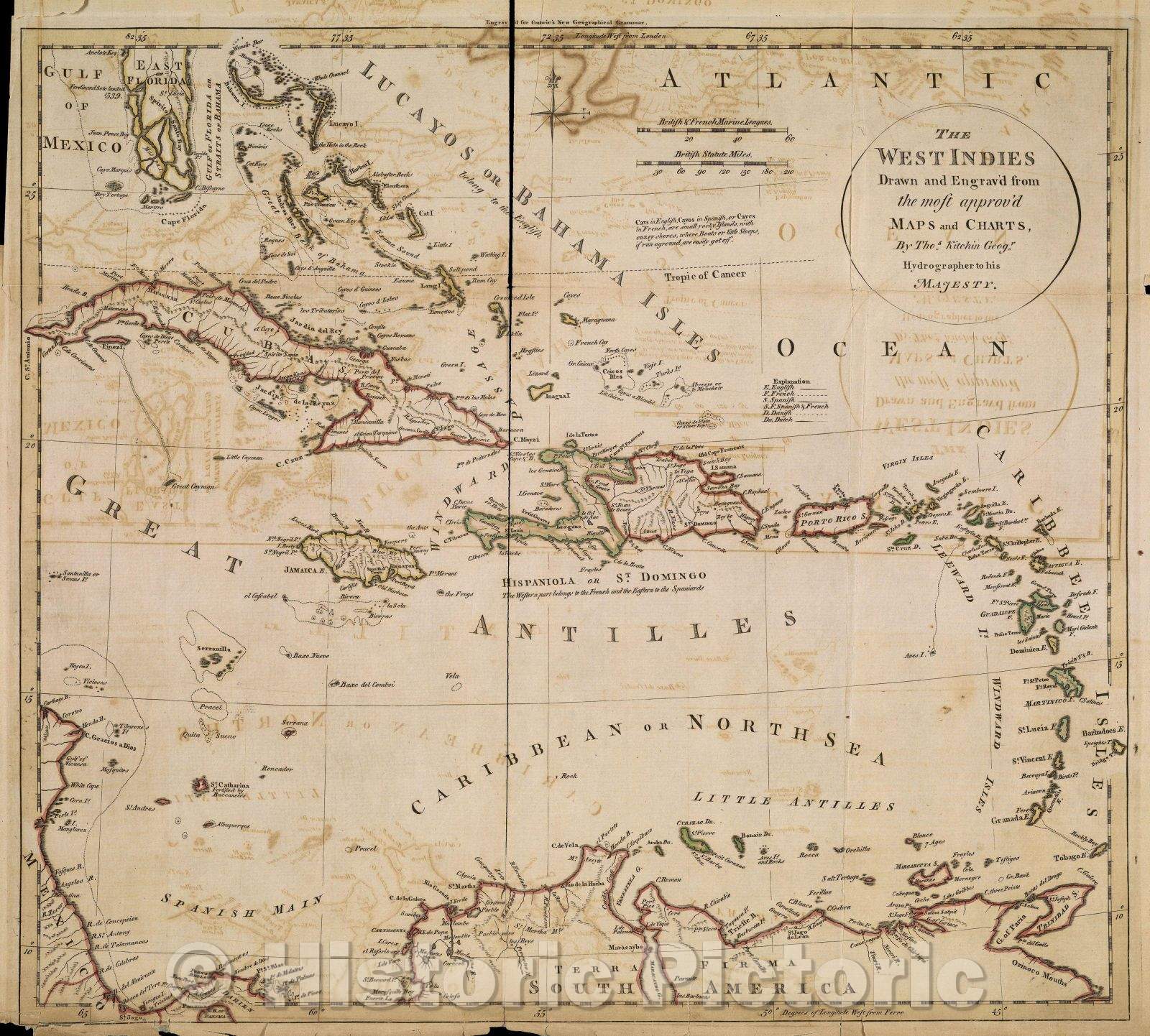 Historic Map : The West Indies Drawn and Engrav'd from the most approv'd Maps and Charts by Thos. Kitchin, Geogr. Hydrographer to his Majesty., 1770 , Vintage Wall Art