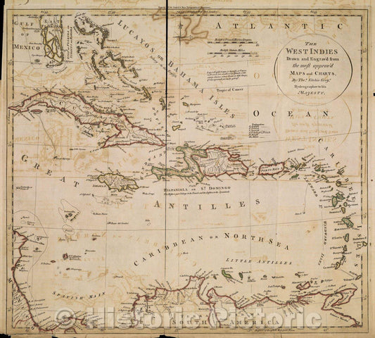 Historic Map : The West Indies Drawn and Engrav'd from the most approv'd Maps and Charts by Thos. Kitchin, Geogr. Hydrographer to his Majesty., 1770 , Vintage Wall Art
