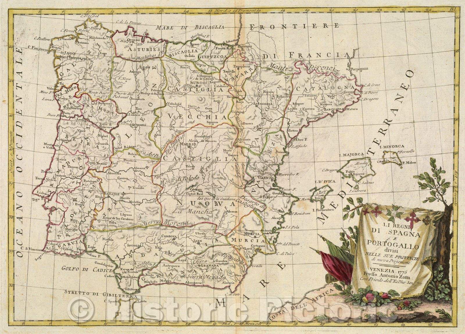 Historic Map : Li Regni di Spagna e Portogallo divisi Nelle Sue Provincie di neuva Projezione., 1775 , Vintage Wall Art