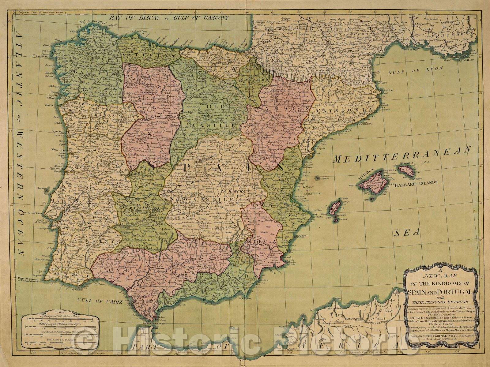 Historic Map : A New Map of the Kingdoms of Spain and Portugal with Their Principal Divisions., 1794 , Vintage Wall Art