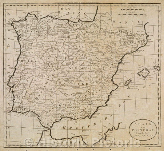 Historic Map : Spain and Portugal, from the best Authorities., 1796 , Vintage Wall Art