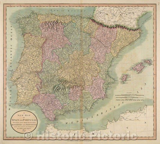 Historic Map : A New Map of Spain and Portugal, Divided into their Respective Kingdoms and Provinces from the Latest Authorities, by John Cary, Engraver. 1807., 1807 , Vintage Wall Art