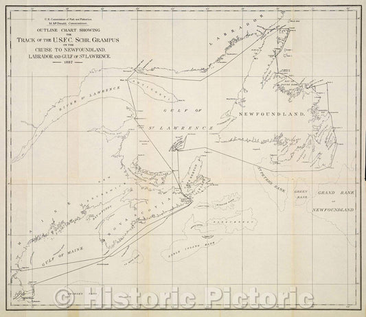 Historic Map : Outline Chart showing the track of the U.S.F.C. Schr. Grampus on the Cruise to Newfoundland, Labrador and Gulf of St. Lawrence., 1887 , Vintage Wall Art
