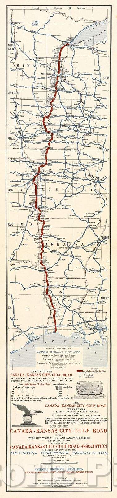 Historic Map : Map of the Canada-Kansas City-Gulf Road : showing every city, town, village and hamlet throughout its entire length, 1915 , Vintage Wall Art