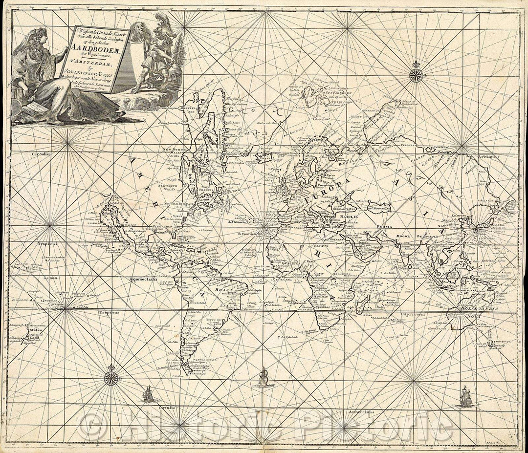 Historic Map : Wasende Graade Kaart Van elle bekende Zeekusten op den geheelen Aardbodem, c. 1695 , Vintage Wall Art