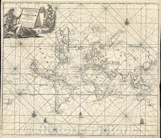 Historic Map : Wasende Graade Kaart Van elle bekende Zeekusten op den geheelen Aardbodem, c. 1695 , Vintage Wall Art