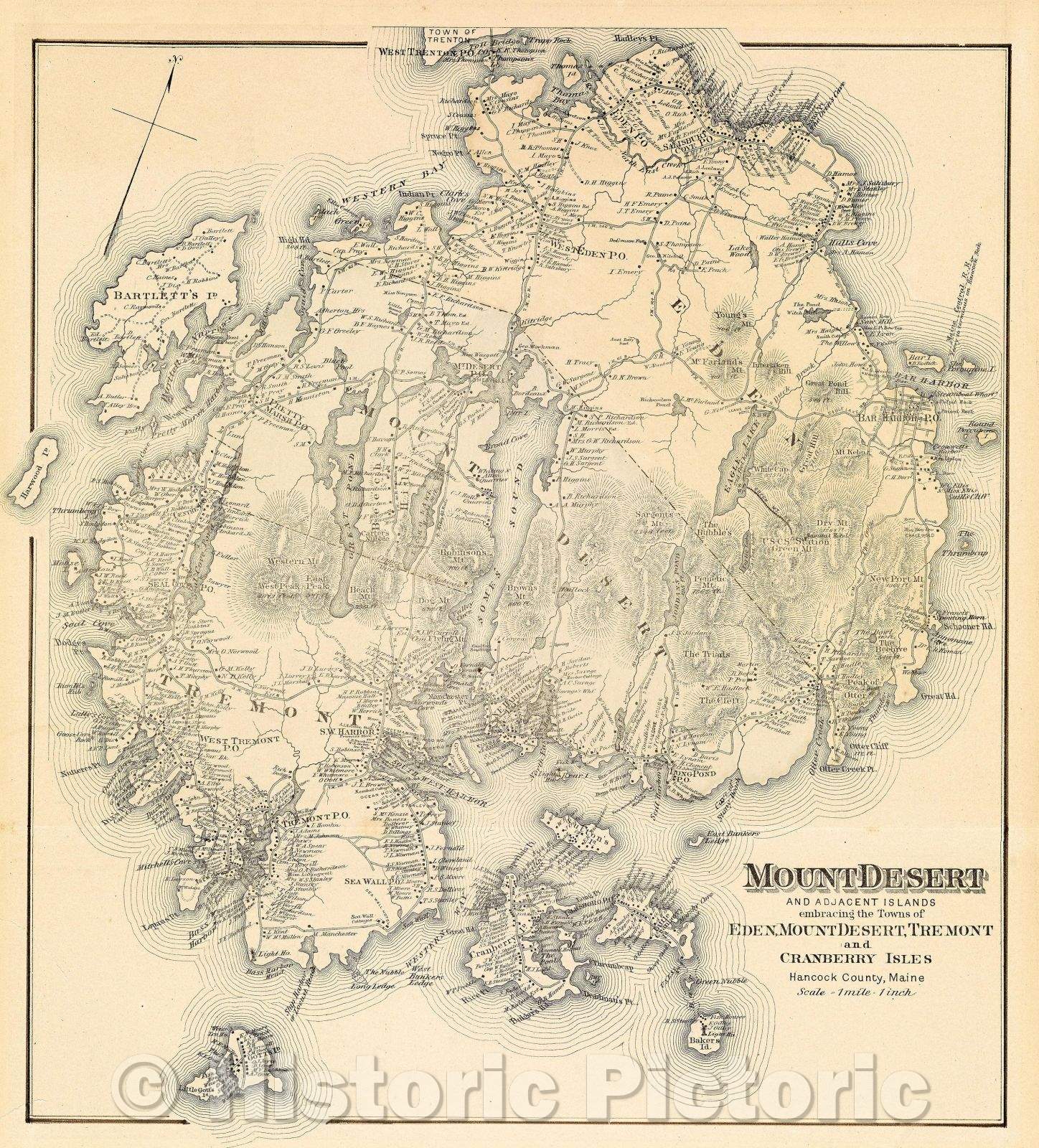 Historic Map : Mount Desert and adjacent islands : embracing the towns of Eden, Mount Desert, Tremont, and Cranberry Isles, Hancock County, Maine, 1887 , Vintage Wall Art