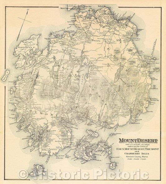 Historic Map : Mount Desert and adjacent islands : embracing the towns of Eden, Mount Desert, Tremont, and Cranberry Isles, Hancock County, Maine, 1887 , Vintage Wall Art