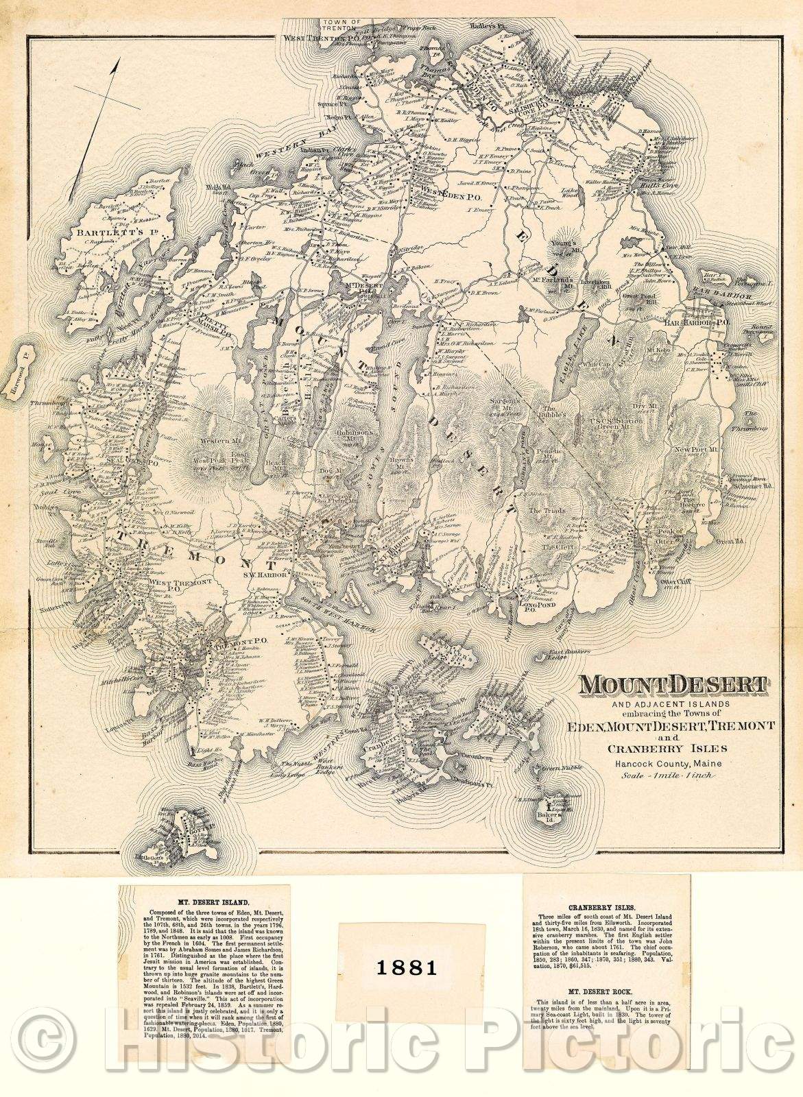 Historic Map : Mount Desert and adjacent islands : embracing the towns of Eden, Mount Desert, Tremont, and Cranberry Isles, Hancock County, Maine, 1881 , Vintage Wall Art