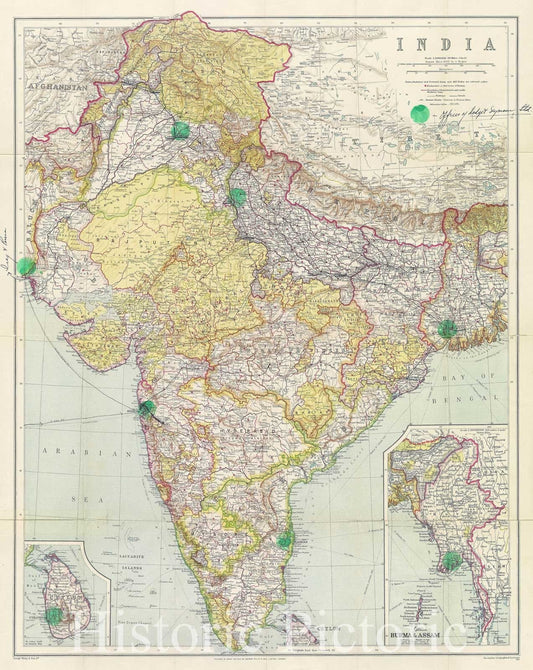 Historic Map : India with Burma and Ceylon., c. 1920 , Vintage Wall Art