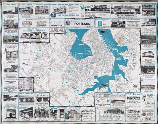 Historic Map : A Shopper's Guide Map of Portland, Maine, c. 1965 , Vintage Wall Art