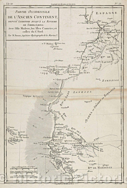 Historic Map : Partie Occidentale De l'Ancien Continent, depuis Lisbonne jusqu'a? la Rivie?re de Sierra Leona : avec l'Isle Made?re, les Isles Canaires, 1780 , Vintage Wall Art