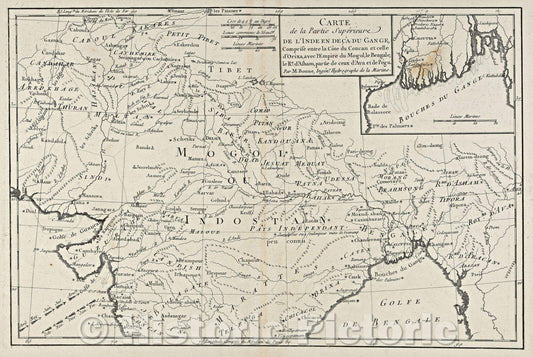 Historic Map : Carte de la Partie Supe?rieure de l'Inde en dec?a du Gange comprise entre la Co?te du Concan et celle d'Orixa, avec l'Empire du Mogol, le Bengale, 1780 , Vintage Wall Art